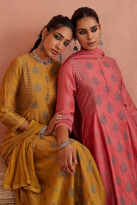 Shop_Kritika Dawar_Yellow Chanderi, Cotton Embroidery Round Neck Thread A-line Kurta Pant Set _Online_at_Aza_Fashions