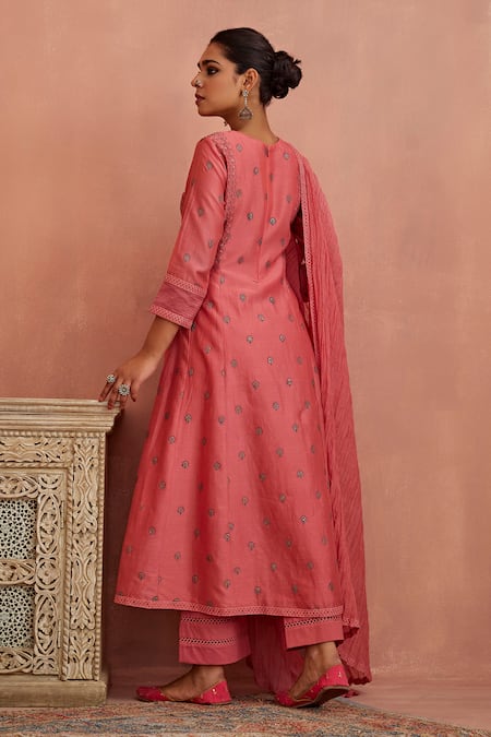 Kritika Dawar Coral Chanderi, Cotton Embroidery Round Neck A-line Kurta Pant Set Online at Aza Fashions Kritika Dawar_Coral Chanderi, Cotton Embroidery Round Neck A-line Kurta Pant Set _Online_at_Aza_Fashions