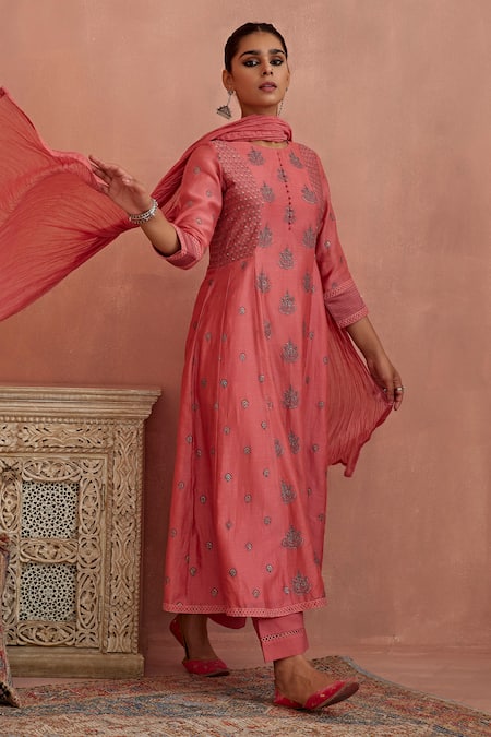 Buy Kritika Dawar Coral Chanderi, Cotton Embroidery Round Neck A-line Kurta Pant Set Online at Aza Fashions Buy_Kritika Dawar_Coral Chanderi, Cotton Embroidery Round Neck A-line Kurta Pant Set _Online_at_Aza_Fashions