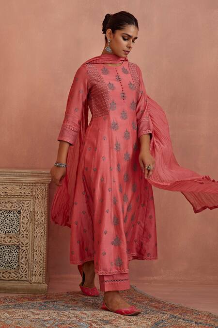 Shop Kritika Dawar Coral Chanderi, Cotton Embroidery Round Neck A-line Kurta Pant Set Online at Aza Fashions Shop_Kritika Dawar_Coral Chanderi, Cotton Embroidery Round Neck A-line Kurta Pant Set _Online_at_Aza_Fashions