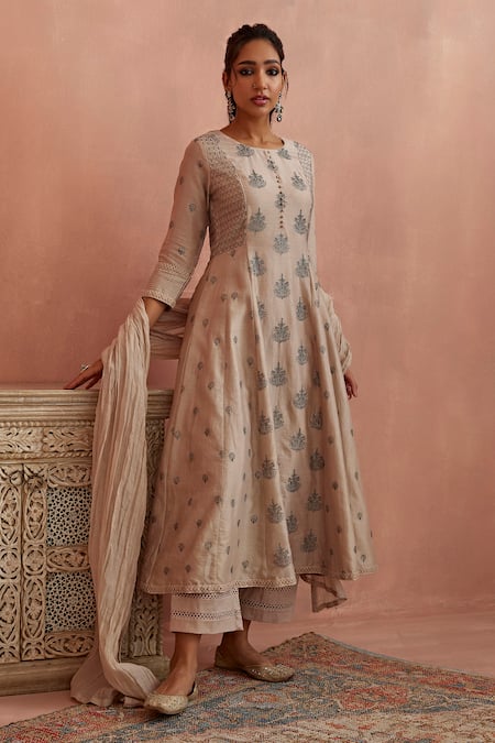 Buy Kritika Dawar Ivory Chanderi, Cotton Embroidery, Cut Work Round Neck A-line Kurta Set Online at Aza Fashions Buy_Kritika Dawar_Ivory Chanderi, Cotton Embroidery, Cut Work Round Neck A-line Kurta Set _Online_at_Aza_Fashions