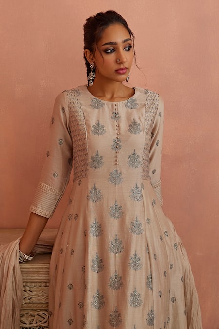 Shop Kritika Dawar Ivory Chanderi, Cotton Embroidery, Cut Work Round Neck A-line Kurta Set Online at Aza Fashions Shop_Kritika Dawar_Ivory Chanderi, Cotton Embroidery, Cut Work Round Neck A-line Kurta Set _Online_at_Aza_Fashions