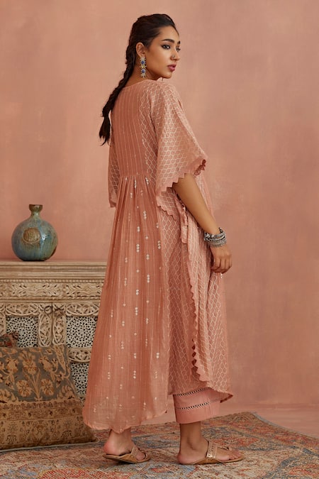 Shop Kritika Dawar Pink Chanderi, Cotton Sequins, Embroidery Split V-neck Kaftan And Pant Set at Aza Fashions Shop_Kritika Dawar_Pink Chanderi, Cotton Sequins, Embroidery Split V-neck Kaftan And Pant Set _at_Aza_Fashions