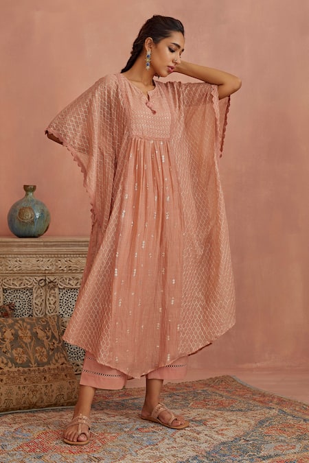 Kritika Dawar Pink Chanderi, Cotton Sequins, Embroidery Split V-neck Kaftan And Pant Set Online at Aza Fashions Kritika Dawar_Pink Chanderi, Cotton Sequins, Embroidery Split V-neck Kaftan And Pant Set _Online_at_Aza_Fashions