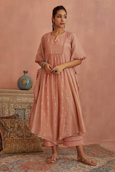 Buy Kritika Dawar Pink Chanderi, Cotton Sequins, Embroidery Split V-neck Kaftan And Pant Set Online at Aza Fashions Buy_Kritika Dawar_Pink Chanderi, Cotton Sequins, Embroidery Split V-neck Kaftan And Pant Set _Online_at_Aza_Fashions