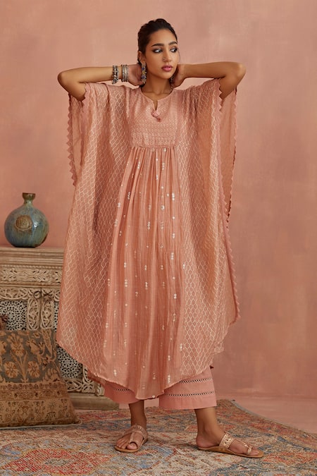 Shop Kritika Dawar Pink Chanderi, Cotton Sequins, Embroidery Split V-neck Kaftan And Pant Set Online at Aza Fashions Shop_Kritika Dawar_Pink Chanderi, Cotton Sequins, Embroidery Split V-neck Kaftan And Pant Set _Online_at_Aza_Fashions