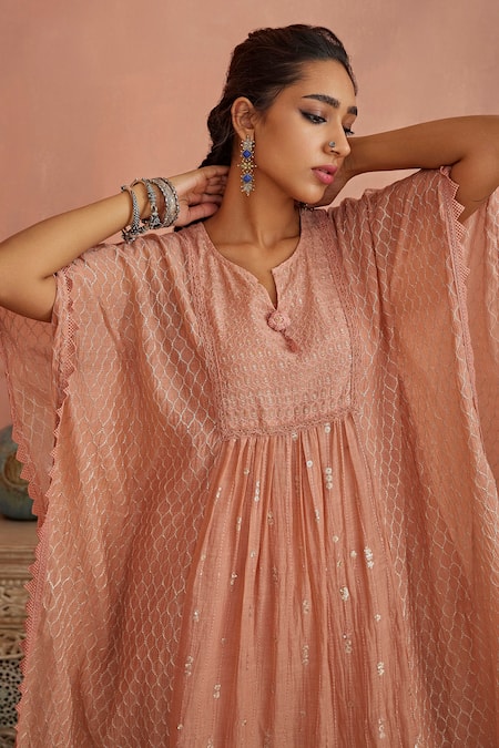 Kritika Dawar Pink Chanderi, Cotton Sequins, Embroidery Split V-neck Kaftan And Pant Set at Aza Fashions Kritika Dawar_Pink Chanderi, Cotton Sequins, Embroidery Split V-neck Kaftan And Pant Set _at_Aza_Fashions