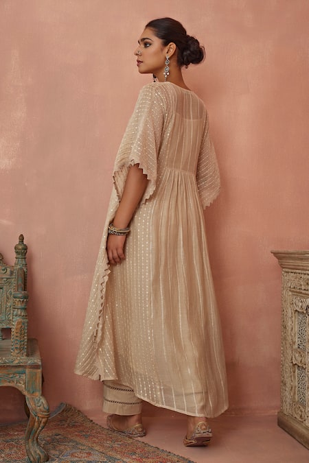 Shop Kritika Dawar Ivory Chanderi, Cotton Sequins, Embroidery Split V-neck Kaftan And Pant Set at Aza Fashions Shop_Kritika Dawar_Ivory Chanderi, Cotton Sequins, Embroidery Split V-neck Kaftan And Pant Set _at_Aza_Fashions