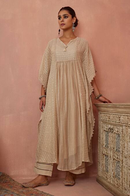 Kritika Dawar Ivory Chanderi, Cotton Sequins, Embroidery Split V-neck Kaftan And Pant Set Online at Aza Fashions Kritika Dawar_Ivory Chanderi, Cotton Sequins, Embroidery Split V-neck Kaftan And Pant Set _Online_at_Aza_Fashions