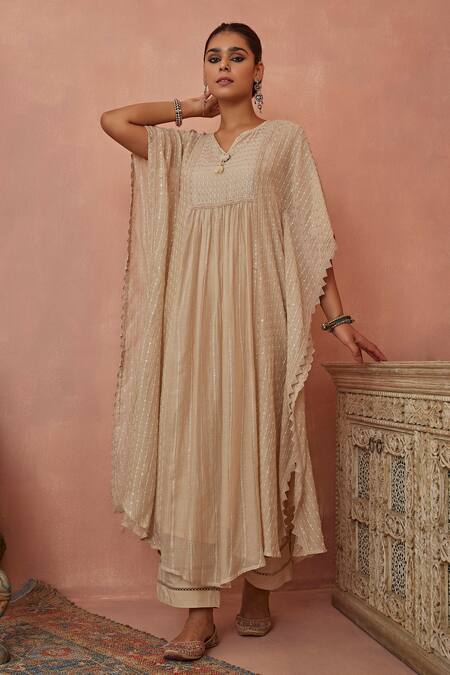 Buy Kritika Dawar Ivory Chanderi, Cotton Sequins, Embroidery Split V-neck Kaftan And Pant Set Online at Aza Fashions Buy_Kritika Dawar_Ivory Chanderi, Cotton Sequins, Embroidery Split V-neck Kaftan And Pant Set _Online_at_Aza_Fashions