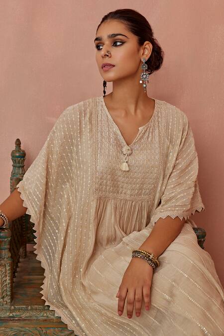 Shop Kritika Dawar Ivory Chanderi, Cotton Sequins, Embroidery Split V-neck Kaftan And Pant Set Online at Aza Fashions Shop_Kritika Dawar_Ivory Chanderi, Cotton Sequins, Embroidery Split V-neck Kaftan And Pant Set _Online_at_Aza_Fashions