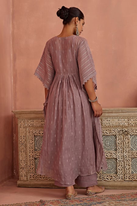 Shop_Kritika Dawar_Purple Chanderi, Cotton Embroidery Keyhole Neck Kaftan And Pant Set _at_Aza_Fashions