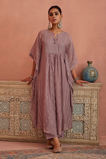 Kritika Dawar_Purple Chanderi, Cotton Embroidery Keyhole Neck Kaftan And Pant Set _Online_at_Aza_Fashions