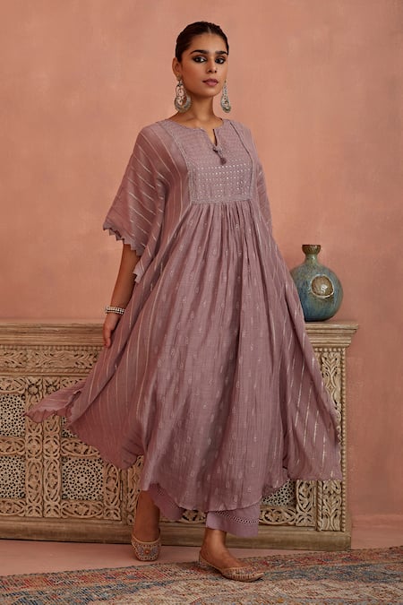 Buy_Kritika Dawar_Purple Chanderi, Cotton Embroidery Keyhole Neck Kaftan And Pant Set _Online_at_Aza_Fashions