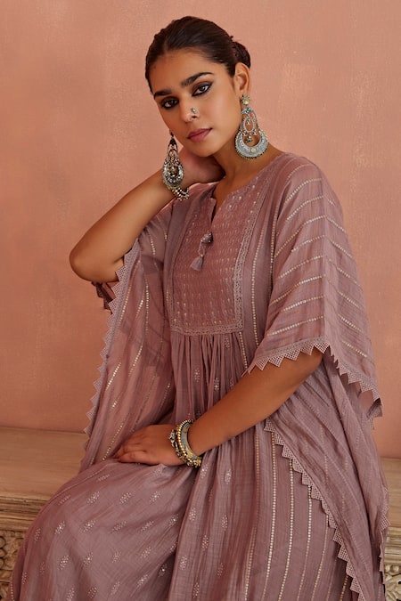 Shop_Kritika Dawar_Purple Chanderi, Cotton Embroidery Keyhole Neck Kaftan And Pant Set _Online_at_Aza_Fashions