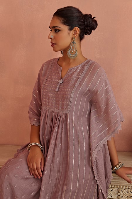 Kritika Dawar_Purple Chanderi, Cotton Embroidery Keyhole Neck Kaftan And Pant Set _at_Aza_Fashions