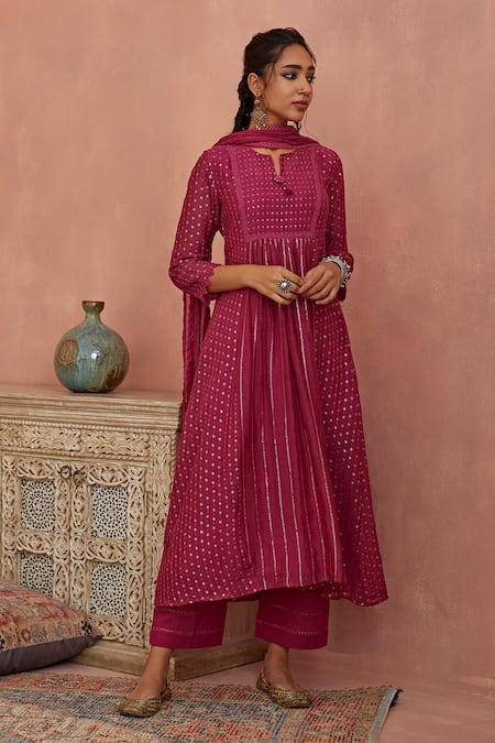 Kritika Dawar_Magenta Chanderi, Cotton Sequins, Embroidery Split A-line Anarkali Pant Set _Online_at_Aza_Fashions