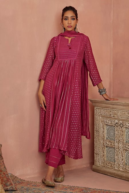 Buy_Kritika Dawar_Magenta Chanderi, Cotton Sequins, Embroidery Split A-line Anarkali Pant Set _Online_at_Aza_Fashions