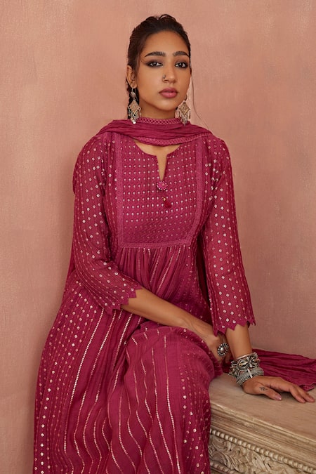 Shop_Kritika Dawar_Magenta Chanderi, Cotton Sequins, Embroidery Split A-line Anarkali Pant Set _Online_at_Aza_Fashions