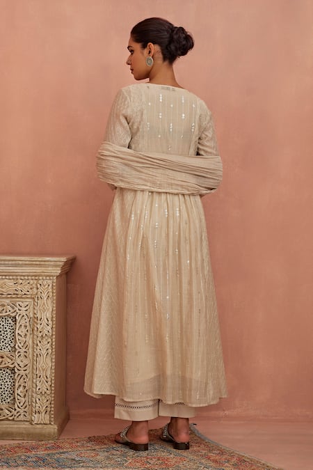 Shop Kritika Dawar Ivory Chanderi, Cotton Sequins, Embroidery Mandarin A-line Anarkali Pant Set at Aza Fashions Shop_Kritika Dawar_Ivory Chanderi, Cotton Sequins, Embroidery Mandarin A-line Anarkali Pant Set _at_Aza_Fashions