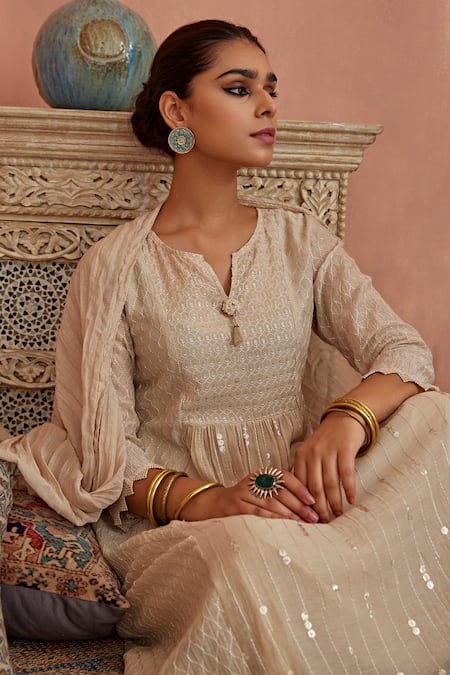 Buy Kritika Dawar Ivory Chanderi, Cotton Sequins, Embroidery Mandarin A-line Anarkali Pant Set Online at Aza Fashions Buy_Kritika Dawar_Ivory Chanderi, Cotton Sequins, Embroidery Mandarin A-line Anarkali Pant Set _Online_at_Aza_Fashions
