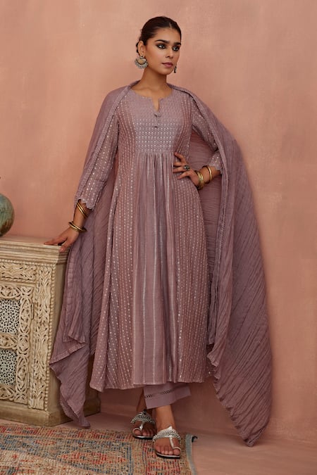 Kritika Dawar Purple Chanderi, Cotton Embroidery, Sequins Split A-line Anarkali Pant Set Online at Aza Fashions Kritika Dawar_Purple Chanderi, Cotton Embroidery, Sequins Split A-line Anarkali Pant Set _Online_at_Aza_Fashions