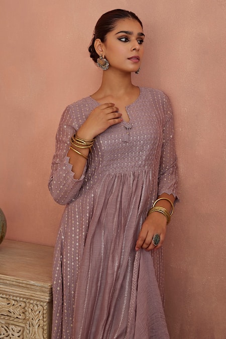 Buy Kritika Dawar Purple Chanderi, Cotton Embroidery, Sequins Split A-line Anarkali Pant Set Online at Aza Fashions Buy_Kritika Dawar_Purple Chanderi, Cotton Embroidery, Sequins Split A-line Anarkali Pant Set _Online_at_Aza_Fashions