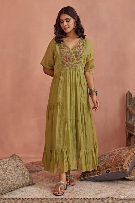 Shop_Kritika Dawar_Green Chanderi Embroidery V-neck Yoke Tunic _Online_at_Aza_Fashions