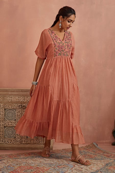 Kritika Dawar_Pink Chanderi Embroidery V-neck Yoke Hand Tunic _Online_at_Aza_Fashions