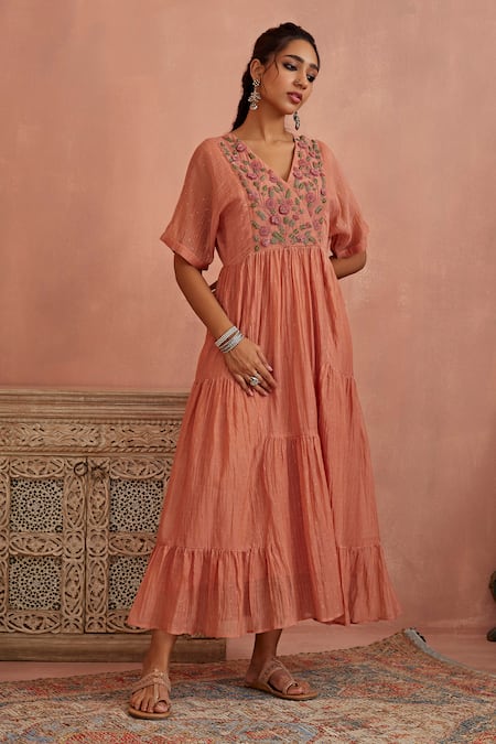 Buy_Kritika Dawar_Pink Chanderi Embroidery V-neck Yoke Hand Tunic _Online_at_Aza_Fashions