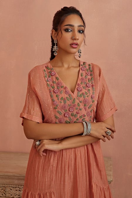 Shop_Kritika Dawar_Pink Chanderi Embroidery V-neck Yoke Hand Tunic _Online_at_Aza_Fashions