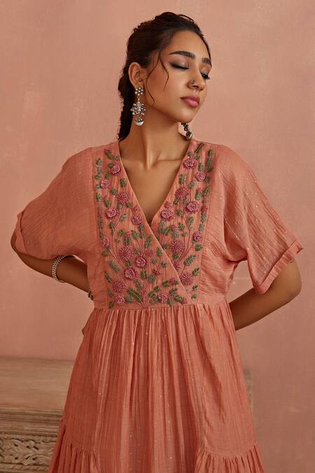 Kritika Dawar_Pink Chanderi Embroidery V-neck Yoke Hand Tunic _at_Aza_Fashions