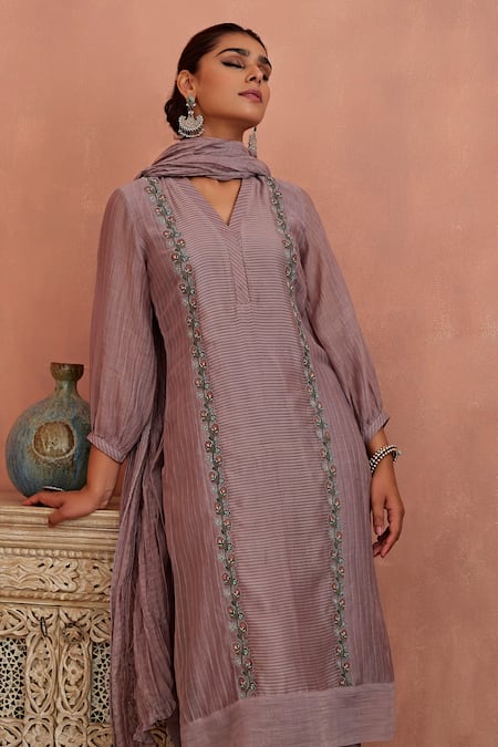 Shop_Kritika Dawar_Purple Chanderi, , Satin Embroidery V-neck Floral Kurta Pant Set _Online_at_Aza_Fashions