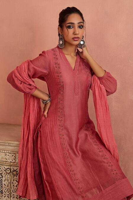 Buy Kritika Dawar Coral Chanderi, Cotton, Silk Embroidery V-neck Work Kurta Pant Set Online at Aza Fashions Buy_Kritika Dawar_Coral Chanderi, Cotton, Silk Embroidery V-neck Work Kurta Pant Set _Online_at_Aza_Fashions