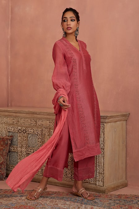 Shop Kritika Dawar Coral Chanderi, Cotton, Silk Embroidery V-neck Work Kurta Pant Set at Aza Fashions Shop_Kritika Dawar_Coral Chanderi, Cotton, Silk Embroidery V-neck Work Kurta Pant Set _at_Aza_Fashions