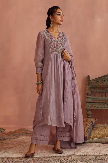 Buy Kritika Dawar Purple Chanderi, Cotton Embroidery V-neck Yoke Hand Kurta Pant Set Online at Aza Fashions Buy_Kritika Dawar_Purple Chanderi, Cotton Embroidery V-neck Yoke Hand Kurta Pant Set _Online_at_Aza_Fashions