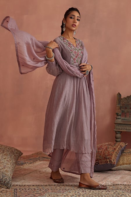 Shop Kritika Dawar Purple Chanderi, Cotton Embroidery V-neck Yoke Hand Kurta Pant Set Online at Aza Fashions Shop_Kritika Dawar_Purple Chanderi, Cotton Embroidery V-neck Yoke Hand Kurta Pant Set _Online_at_Aza_Fashions