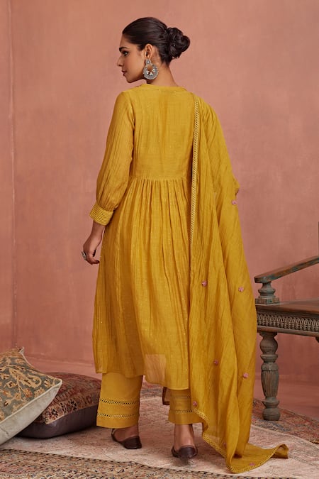 Shop Kritika Dawar Yellow Chanderi, Cotton Embroidery V-neck Yoke Kurta Pant Set at Aza Fashions Shop_Kritika Dawar_Yellow Chanderi, Cotton Embroidery V-neck Yoke Kurta Pant Set _at_Aza_Fashions
