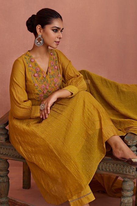 Buy Kritika Dawar Yellow Chanderi, Cotton Embroidery V-neck Yoke Kurta Pant Set Online at Aza Fashions Buy_Kritika Dawar_Yellow Chanderi, Cotton Embroidery V-neck Yoke Kurta Pant Set _Online_at_Aza_Fashions