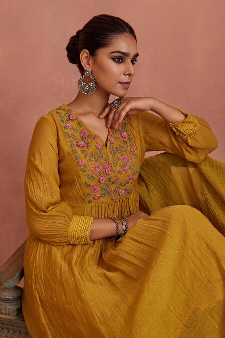 Shop Kritika Dawar Yellow Chanderi, Cotton Embroidery V-neck Yoke Kurta Pant Set Online at Aza Fashions Shop_Kritika Dawar_Yellow Chanderi, Cotton Embroidery V-neck Yoke Kurta Pant Set _Online_at_Aza_Fashions