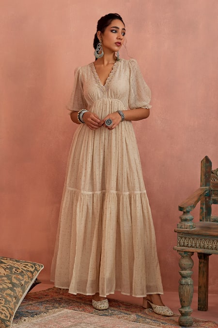 Buy_Kritika Dawar_Ivory Chanderi Embroidery V-neck Tunic _Online_at_Aza_Fashions