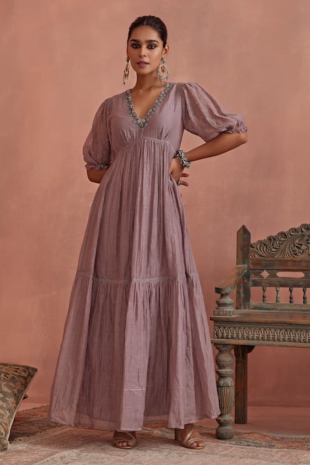 Kritika Dawar_Purple Chanderi Embroidery V-neck Hand Tunic _Online_at_Aza_Fashions