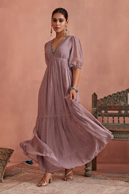 Buy_Kritika Dawar_Purple Chanderi Embroidery V-neck Hand Tunic _Online_at_Aza_Fashions