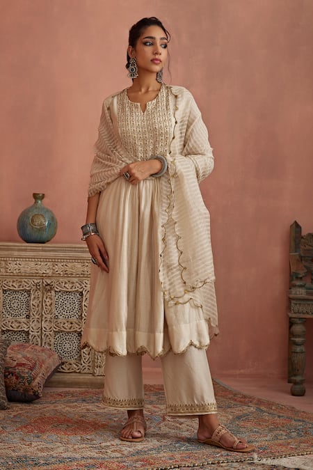 Buy_Kritika Dawar_Ivory Chanderi, Silk, Organza Embroidery, Zari Split Hand Anarkali Pant Set _Online_at_Aza_Fashions