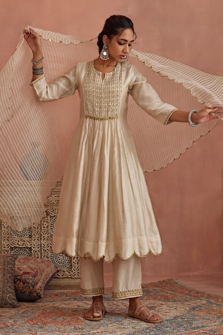 Shop_Kritika Dawar_Ivory Chanderi, Silk, Organza Embroidery, Zari Split Hand Anarkali Pant Set _Online_at_Aza_Fashions