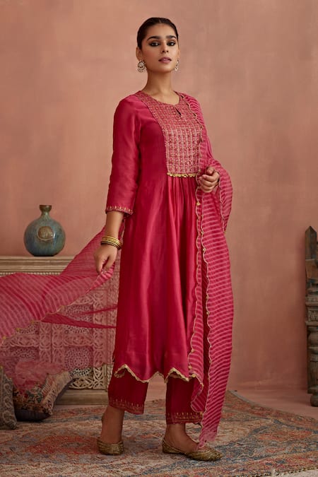 Buy_Kritika Dawar_Magenta Chanderi, Silk, Organza Embroidery, Zari Split V-neck Anarkali Pant Set _Online_at_Aza_Fashions