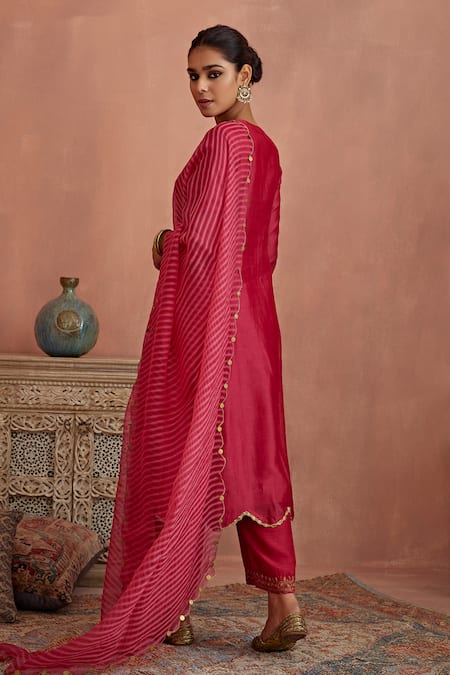 Shop_Kritika Dawar_Magenta Chanderi, Silk, Organza Embroidery, Zari Split V-neck Anarkali Pant Set _at_Aza_Fashions