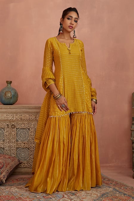 Buy Kritika Dawar Yellow Chanderi, Organza Embroidery Keyhole Neck Kurta Gharara Set Online at Aza Fashions Buy_Kritika Dawar_Yellow Chanderi, Organza Embroidery Keyhole Neck Kurta Gharara Set _Online_at_Aza_Fashions
