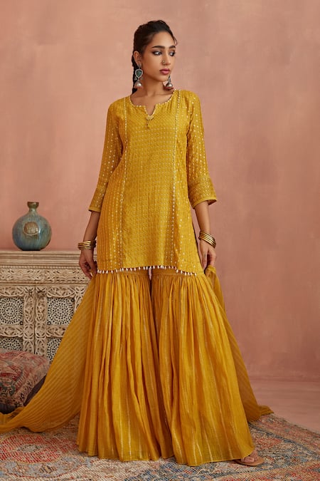 Shop Kritika Dawar Yellow Chanderi, Organza Embroidery Keyhole Neck Kurta Gharara Set Online at Aza Fashions Shop_Kritika Dawar_Yellow Chanderi, Organza Embroidery Keyhole Neck Kurta Gharara Set _Online_at_Aza_Fashions