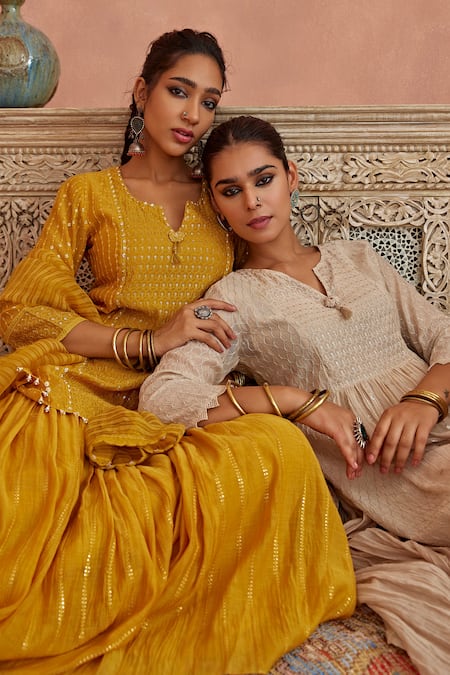 Kritika Dawar Yellow Chanderi, Organza Embroidery Keyhole Neck Kurta Gharara Set at Aza Fashions Kritika Dawar_Yellow Chanderi, Organza Embroidery Keyhole Neck Kurta Gharara Set _at_Aza_Fashions